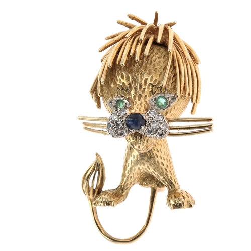 Diamond, Sapphire and Emerald 18ct Gold Lion Brooch.
