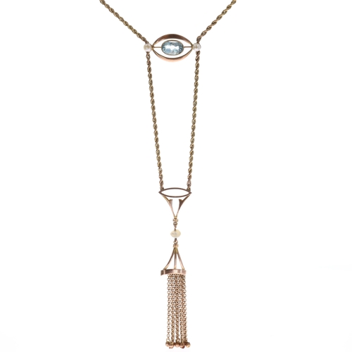 Topaz and Pearl 9ct Gold Tassel Necklace.