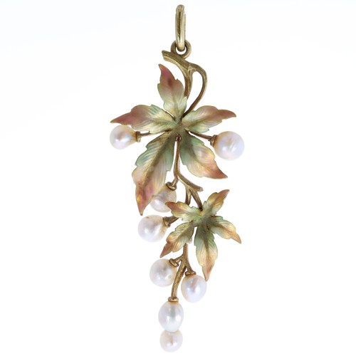 Art Nouveau 18ct Gold Enamel Foliate Pendant with Pearl Accents