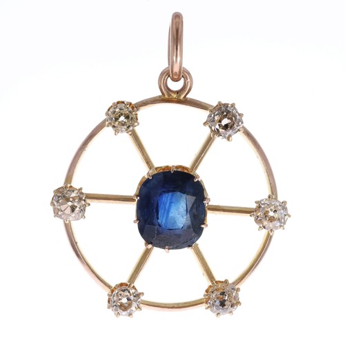 Gold Old Mine Cut Diamond and Sapphire Wheel Pendant