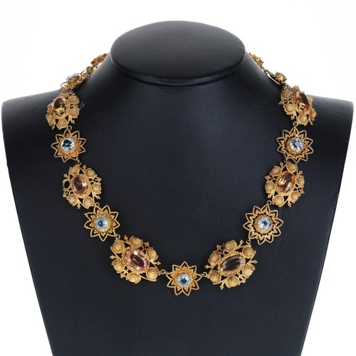Antique Gold French Aquamarine, Yellow and Imperial Topaz Cannetille Necklace