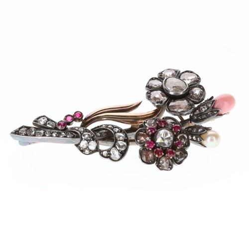 14ct Gold and Silver Old Cut Diamond, estimated 6ct, Floral Spray Brooch with Conch pearl