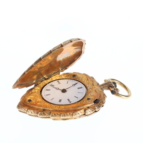 1 - 18ct Gold and Enamel Leaf Shaped Full Hunter Key Wind Fob Watch