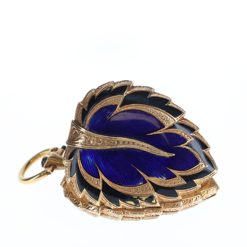1 - 18ct Gold and Enamel Leaf Shaped Full Hunter Key Wind Fob Watch