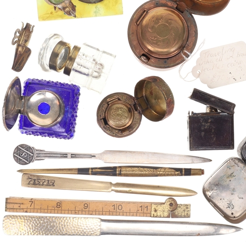 174 - Antique & Vintage Desk Accessories Collection, including Travel Inkwell, Paperweight