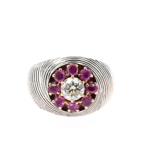 255 - Diamond and Ruby Silver Dress Ring with Gold Setting