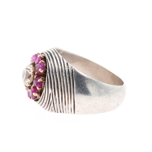 255 - Diamond and Ruby Silver Dress Ring with Gold Setting