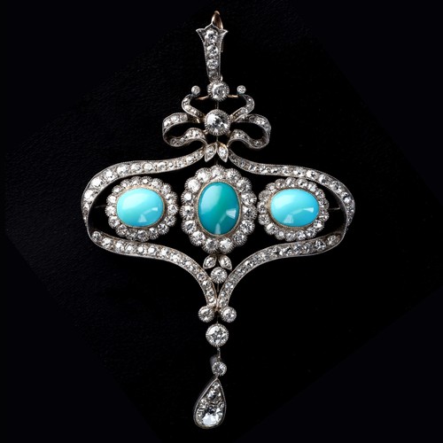 Diamond and Turquoise Belle Epoque Gold and Silver Lavalier Pendant