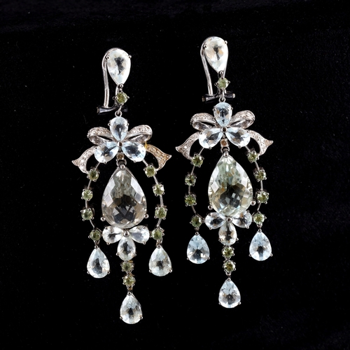 Aquamarine, Diamond, Praisolite and Green Sapphire 18ct White Gold Chandelier Earrings, 19.3g