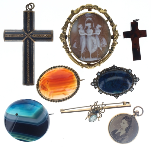 176 - Antique Rolled Gold Jewellery Collection incl. Victorian, Mourning, Three Graces, Split Pearl, Agate