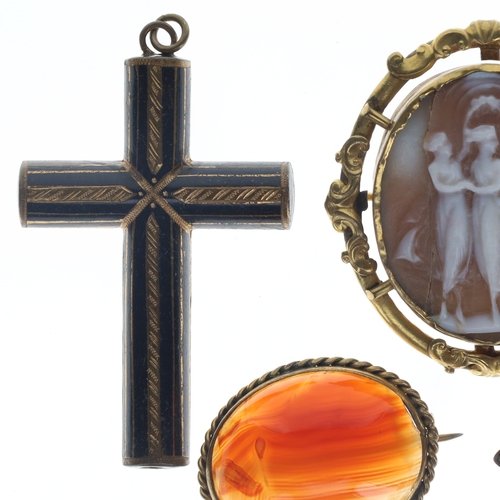 176 - Antique Rolled Gold Jewellery Collection incl. Victorian, Mourning, Three Graces, Split Pearl, Agate