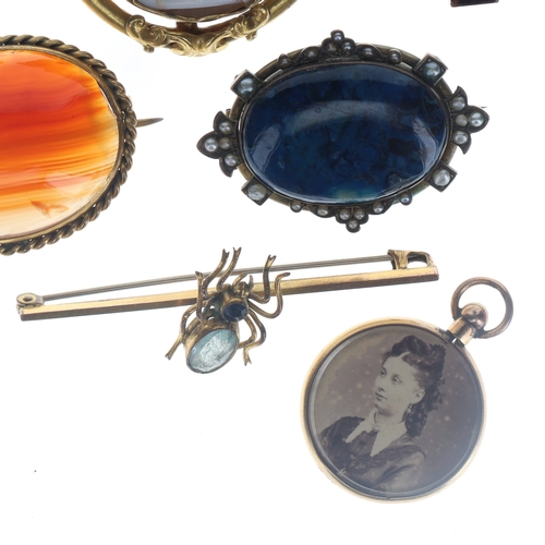 176 - Antique Rolled Gold Jewellery Collection incl. Victorian, Mourning, Three Graces, Split Pearl, Agate