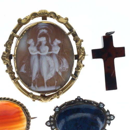 176 - Antique Rolled Gold Jewellery Collection incl. Victorian, Mourning, Three Graces, Split Pearl, Agate
