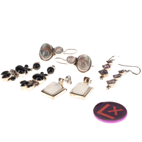 1 - Sterling Silver Gemstone Earrings Collection incl. Moonstone, Labradorite, Amethyst, Onyx, 35g