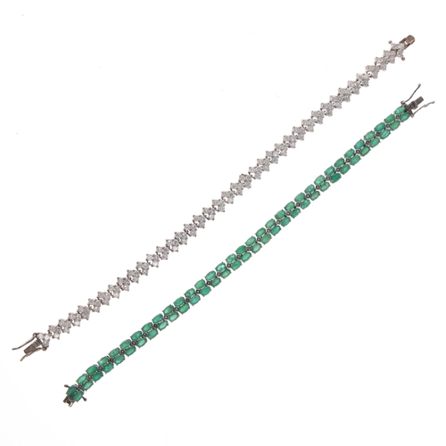 11 - Sterling Silver Tennis Bracelet pair incl. Oval Emeralds, 37g