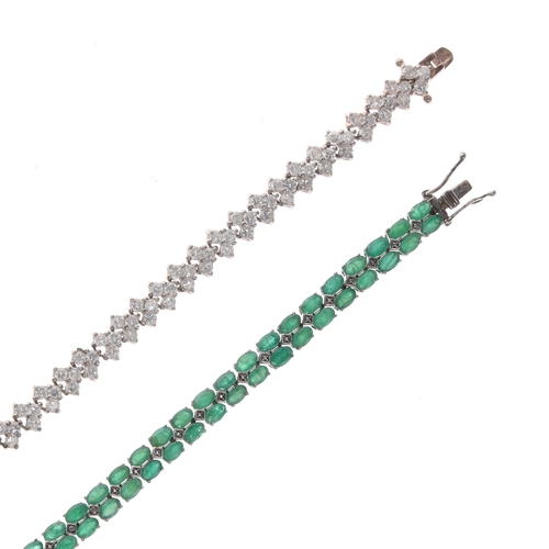 11 - Sterling Silver Tennis Bracelet pair incl. Oval Emeralds, 37g