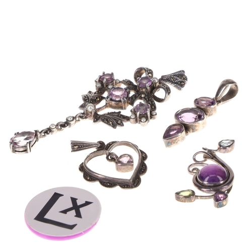 12 - Silver Gemstone Pendant Collection incl. Amethyst, Topaz, Marcasite, 23g