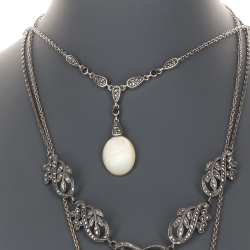 19 - Silver Marcasite Necklace Collection incl. Foliate, Onyx, Mother of Pearl, 33g