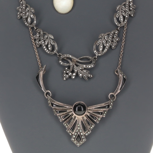 19 - Silver Marcasite Necklace Collection incl. Foliate, Onyx, Mother of Pearl, 33g