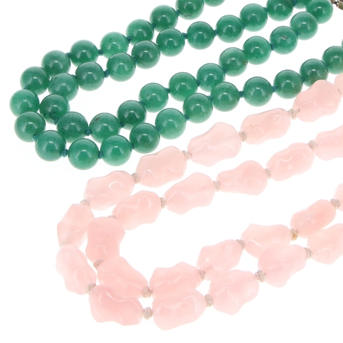 22 - Chinese Export Rose Quartz and Aventurine Silver Clasped Necklace Pair, 242g