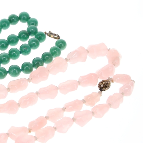 22 - Chinese Export Rose Quartz and Aventurine Silver Clasped Necklace Pair, 242g