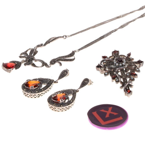 23 - Sterling Silver Marcasite Jewellery Collection incl. Garnet, Cross, Bow, 30g