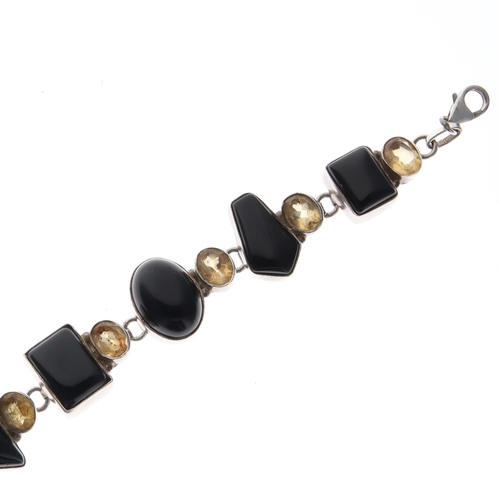 29 - Onyx and Citrine Sterling Silver Gemstone Bracelet, 30g