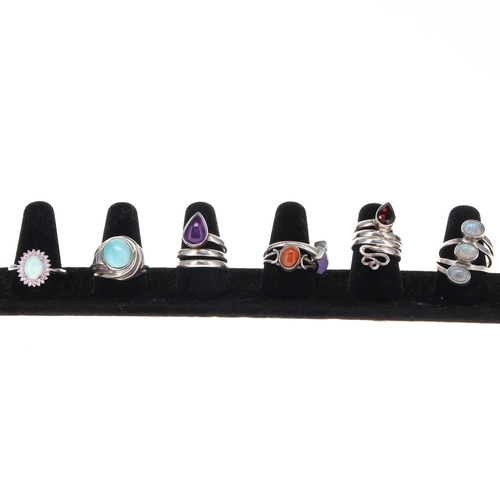 31 - Sterling Silver Gemstone Ring Collection incl. Jade, Opal, Larimar, Moonstone, 32g