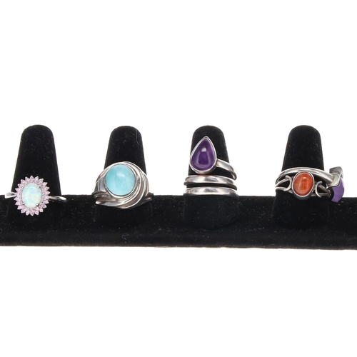 31 - Sterling Silver Gemstone Ring Collection incl. Jade, Opal, Larimar, Moonstone, 32g
