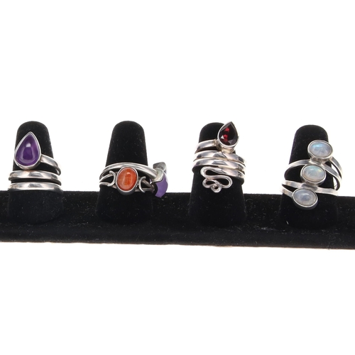 31 - Sterling Silver Gemstone Ring Collection incl. Jade, Opal, Larimar, Moonstone, 32g