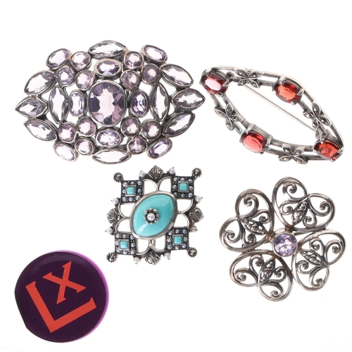 33 - Sterling Silver Brooch Collection incl. Amethyst, Garnet, Marcasite, 34g