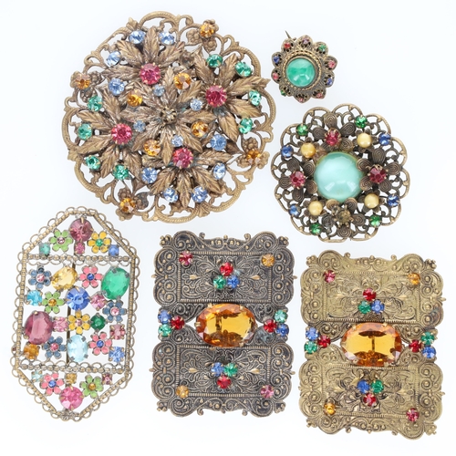 34 - Czech Filigree Brooch Collection incl. Paste, Gold Tone