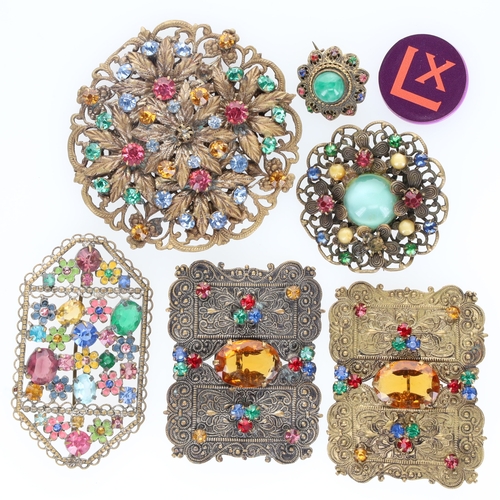 34 - Czech Filigree Brooch Collection incl. Paste, Gold Tone