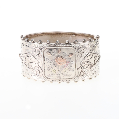 37 - Victorian Sterling Silver Cuff Bangle with Gold Accents and Granulated Edge, 36g