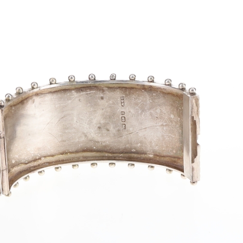 37 - Victorian Sterling Silver Cuff Bangle with Gold Accents and Granulated Edge, 36g