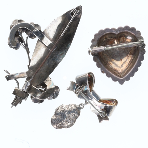 38 - Sterling Silver Brooch Collection incl. Locket, Heart, Foliate, 23g