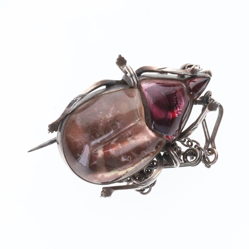 44 - Antique Silver Beetle Brooch With Glass Cabochon, Safety Chain, 6g