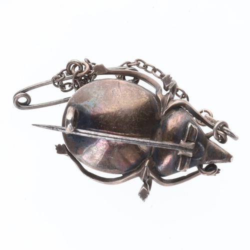 44 - Antique Silver Beetle Brooch With Glass Cabochon, Safety Chain, 6g