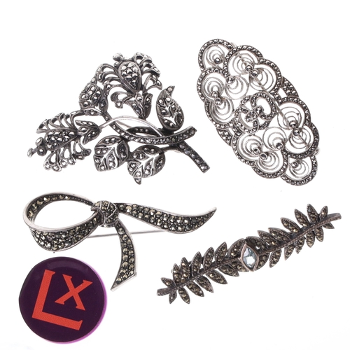 45 - Sterling Silver Marcasite Brooch Collection incl. Stone Set, Foliate, 36.5g