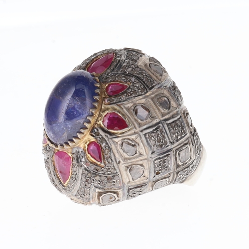 49 - Polki Diamond Silver Ring incl. Ruby, Tanzanite, 46g