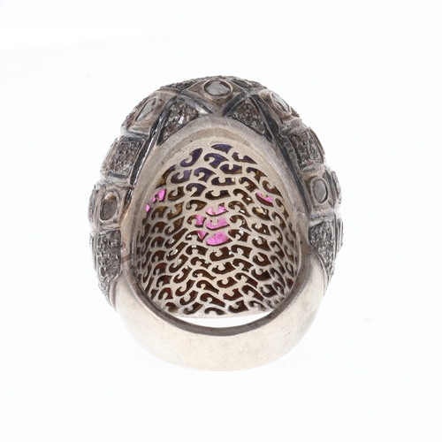 49 - Polki Diamond Silver Ring incl. Ruby, Tanzanite, 46g