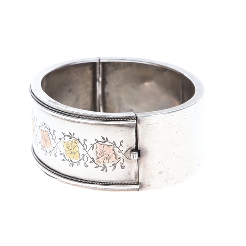 54 - Antique Victorian Aesthetic Movement Silver Cuff Bangle with Gold Accent and Kitemark, 33g