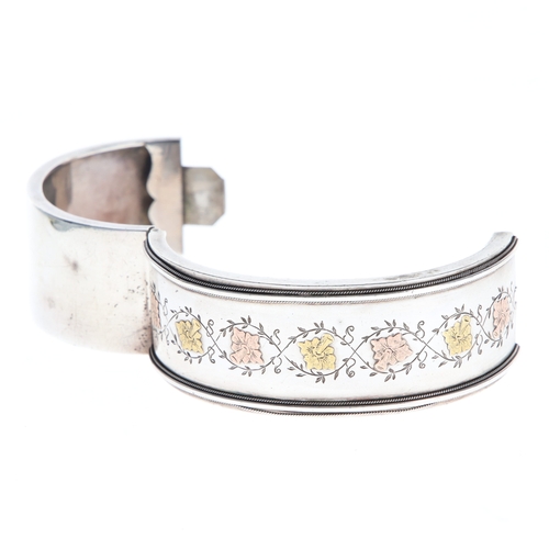 54 - Antique Victorian Aesthetic Movement Silver Cuff Bangle with Gold Accent and Kitemark, 33g