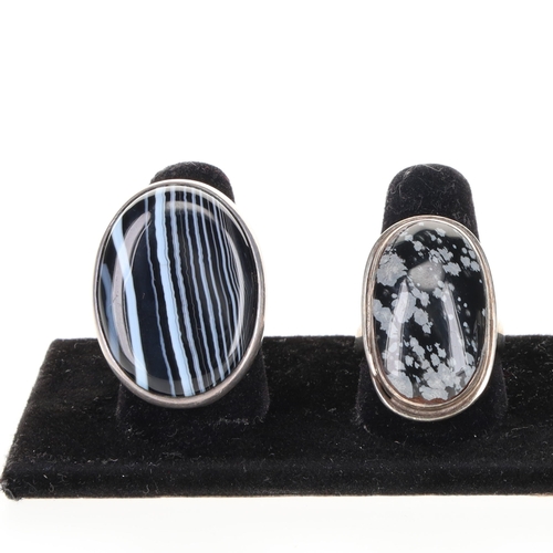 59 - Sterling Silver Gemstone Ring Collection incl. Snowflake Obsidian, Banded Agate, Moonstone, 41g