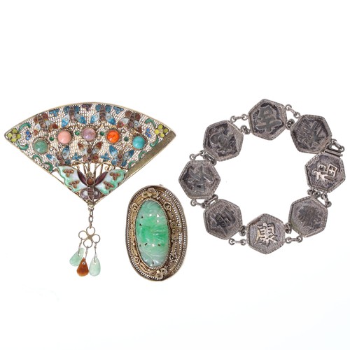 55 - Chinese Export Silver Jewellery Collection incl. Gemstone, Enamel, 40g