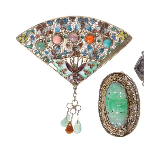 55 - Chinese Export Silver Jewellery Collection incl. Gemstone, Enamel, 40g