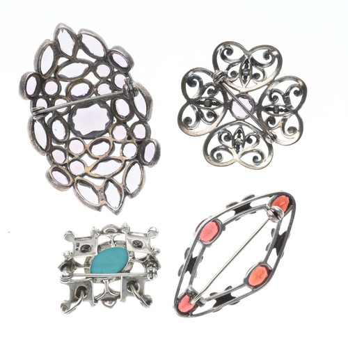 33 - Sterling Silver Brooch Collection incl. Amethyst, Garnet, Marcasite, 34g