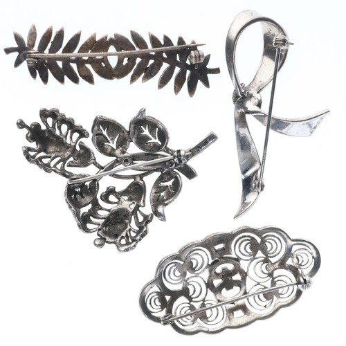 45 - Sterling Silver Marcasite Brooch Collection incl. Stone Set, Foliate, 36.5g