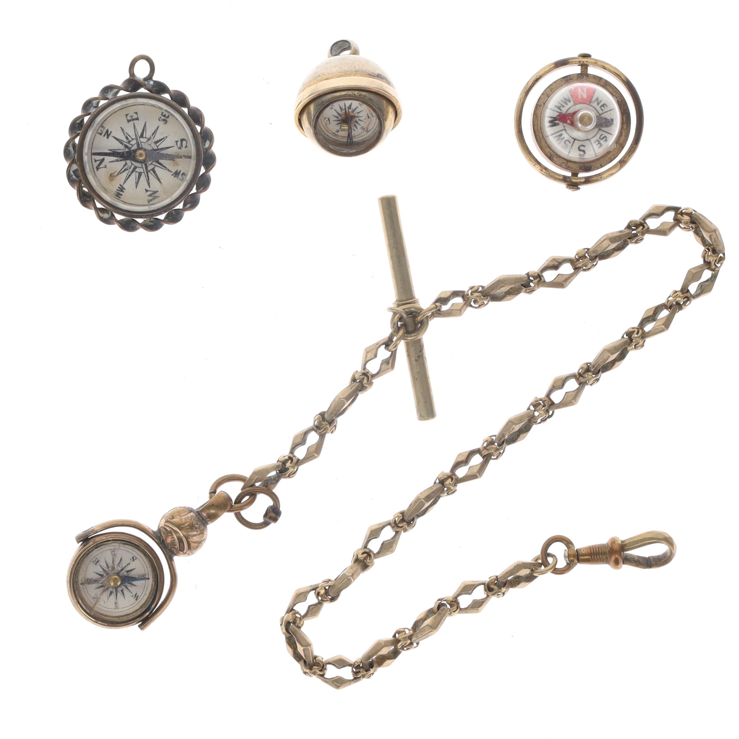 Antique Albert Watch Chain and Compass Fob and Three Breloque Compasses