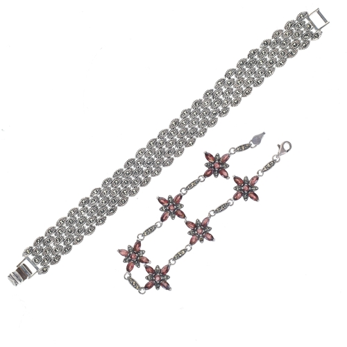 101 - Marcasite and Garnet Sterling Silver Bracelet Pair, 53g